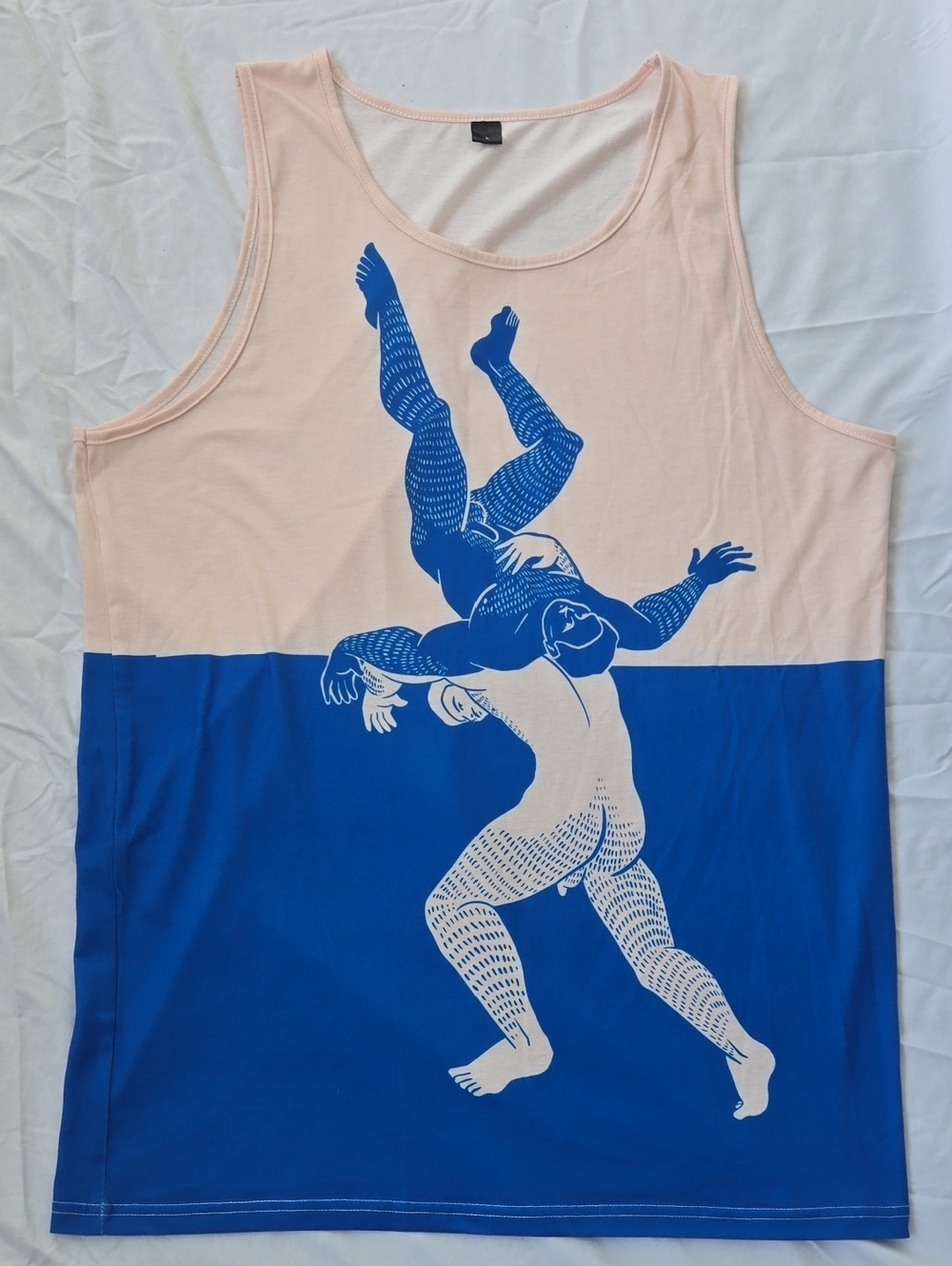 Men's Tank Top, Two Tone, Light Pink & Blue, Greco Roman Wrestlers Image, Size L